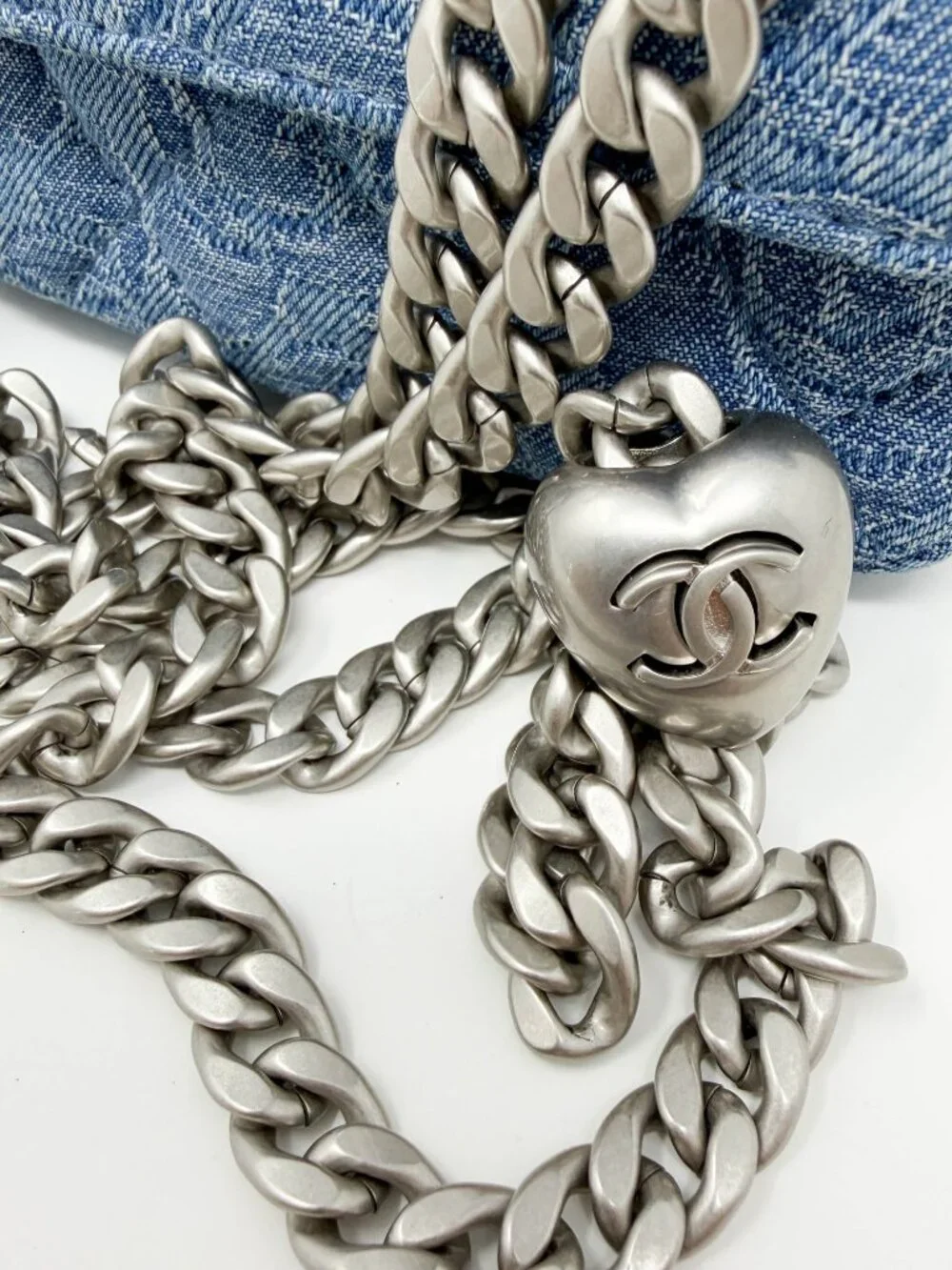 Chanel Denim Quilted Camellia SweetHeart Clutch with Chain